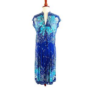 Vintage Italian Boho Floral Print Dress Blue Drop Waist Lightweight Size 4